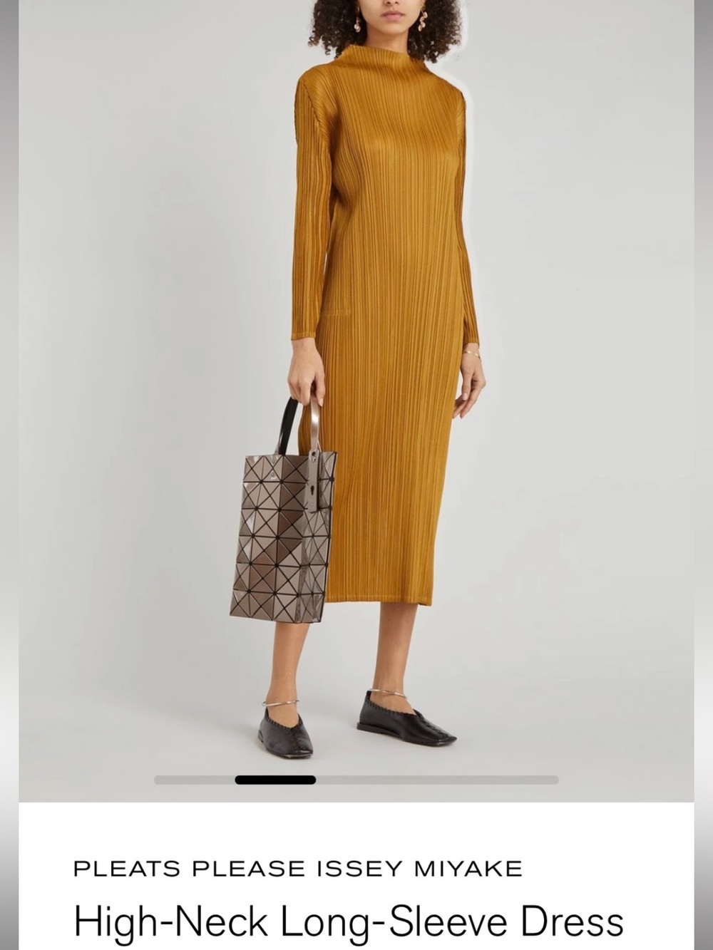 Issey Miyake Mustard Pleated Asymmetrical Mockneck Long-Sleeve Dress